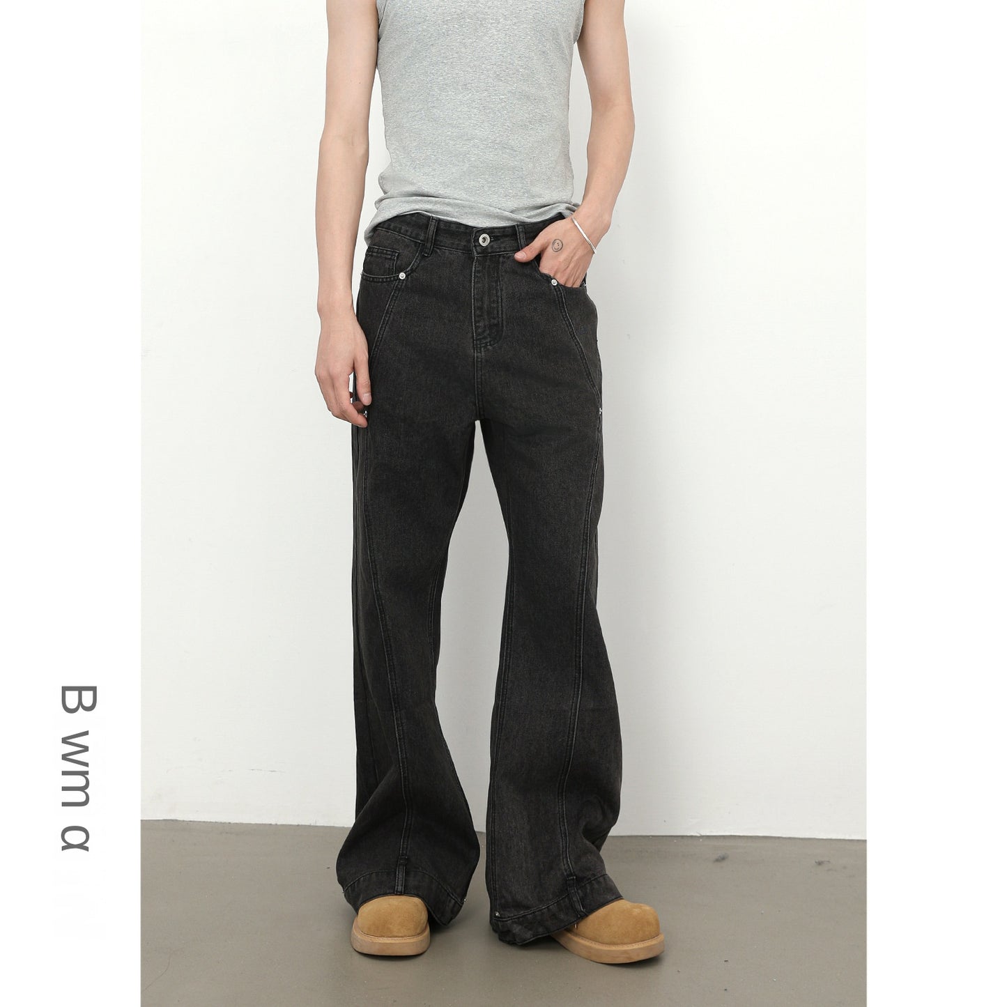 Retro Spliced Beaded Denim Trousers for Men - Loose Flared Straight Leg Design