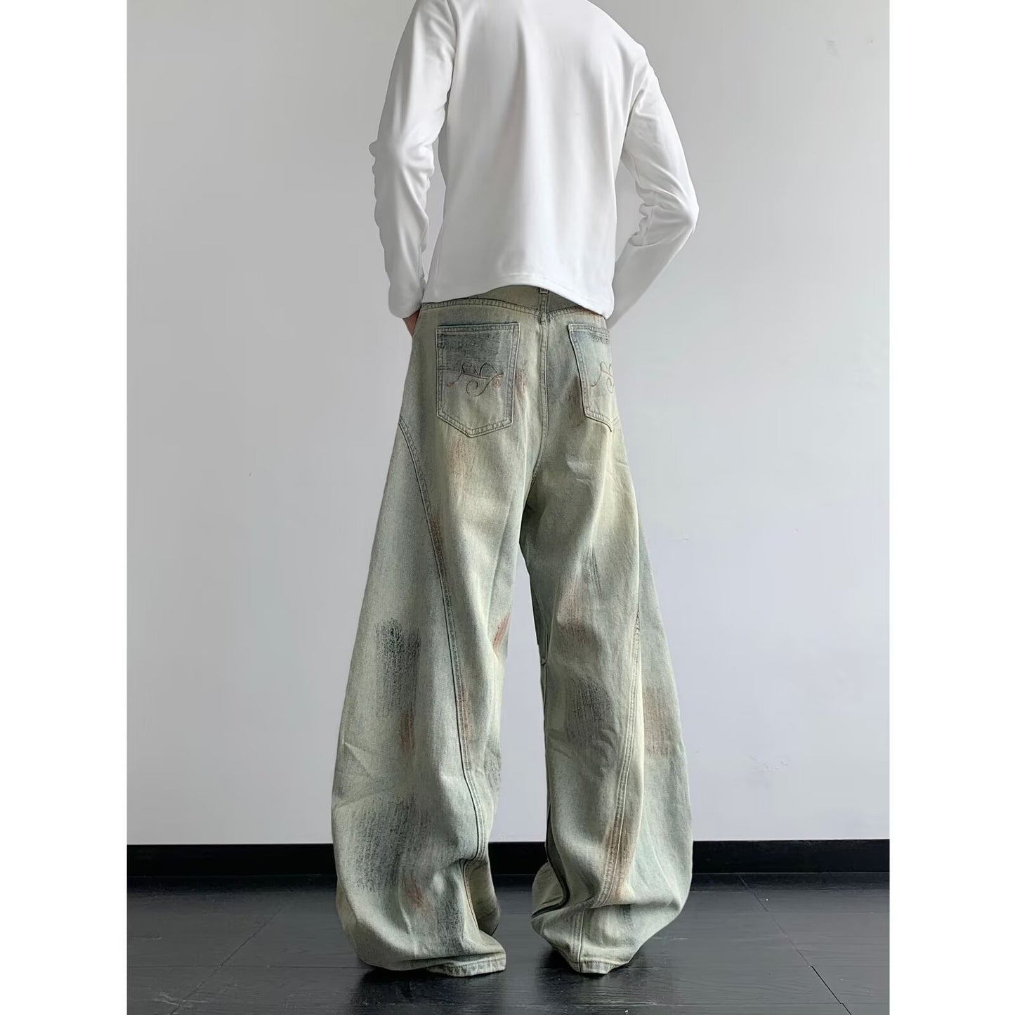 Old Deconstruction Curved Knife Denim Loose Wide Leg Pants