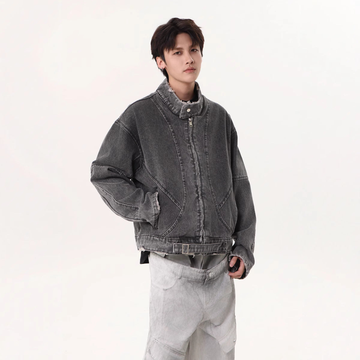 Vintage Washed Distressed Deconstructed Denim Jacket for Men - Minimalist Street Style Design