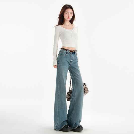 Retro Blue Non-tight Micro-flare Denim Pants for Women - Slimming Elegant Horseshoe Trousers