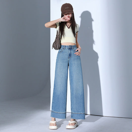 Light Blue Casual Wide-Leg Jeans for Women - High-Waist Slimming Nine-Point Straight Leg Pants