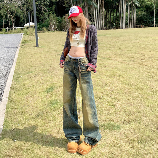 Women's Low-Waist Flared Denim Pants - Loose Wide-Leg Straight Trousers