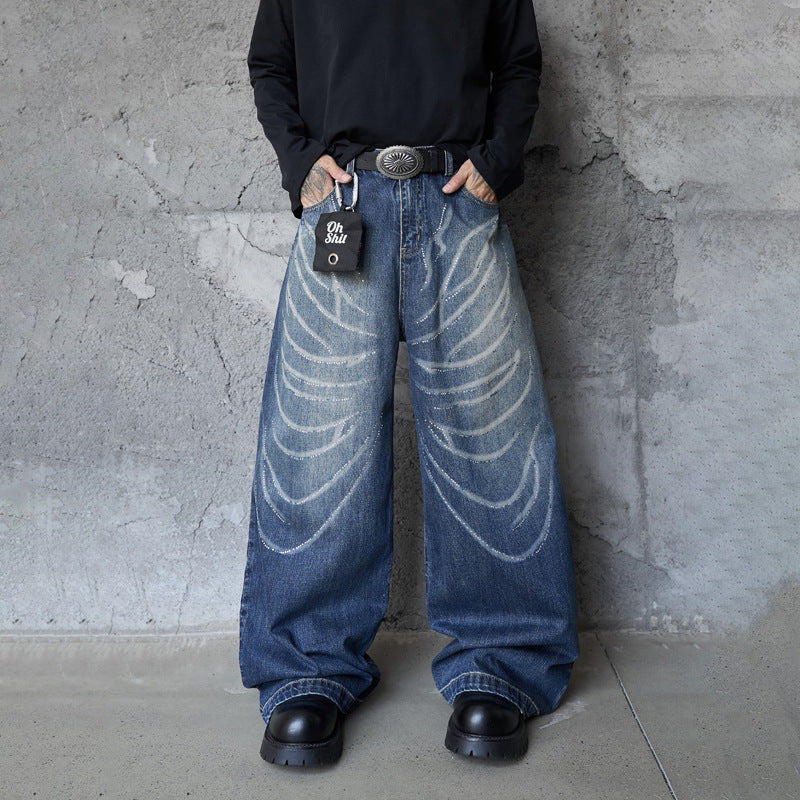Style Butterfly Cat Whisker Laser-Printed Denim Pants - Unique Wide Leg, Loose Fit, Straight Cut Jeans