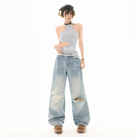 Women's Ripped Straight Leg Jeans - Washed Vintage Loose Wide Leg Pants