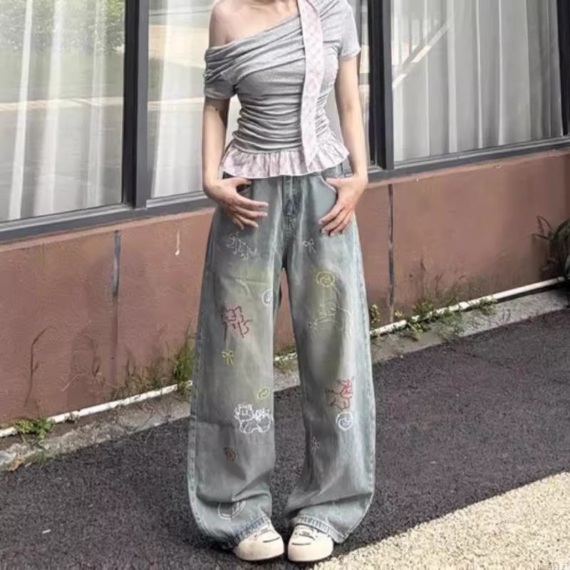 Style Embroidered Straight Leg Jeans for Women - Versatile High Waist Wide Leg Denim