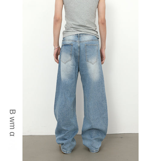 Retro Tapered Hole Denim Pants for Men | Washed Design Loose Wide-Leg Jeans