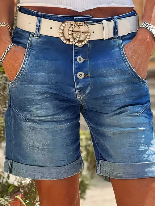 High-Waisted Elastic Women's Denim Slim Fit Casual Versatile Straight Leg Cuffed Denim Shorts