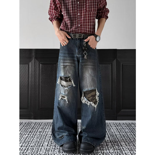 Retro Patch Distressed Camouflage Jeans for Men and Women