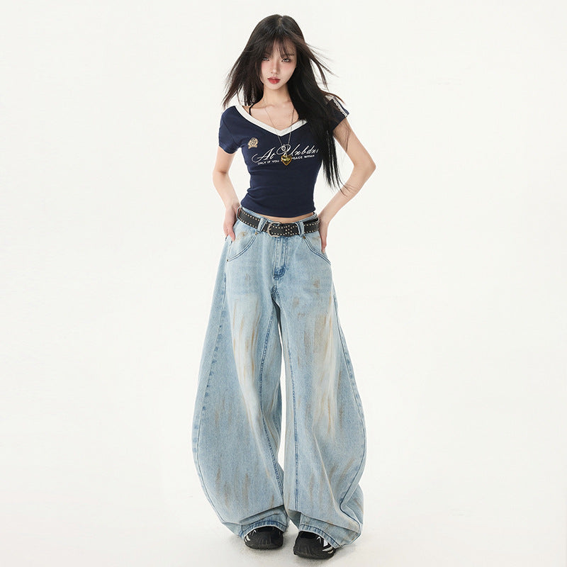 Dye-Effect Knife-Edge Denim Pants - Mid-Waist Patchwork Wide-Leg Floor-Length Pants