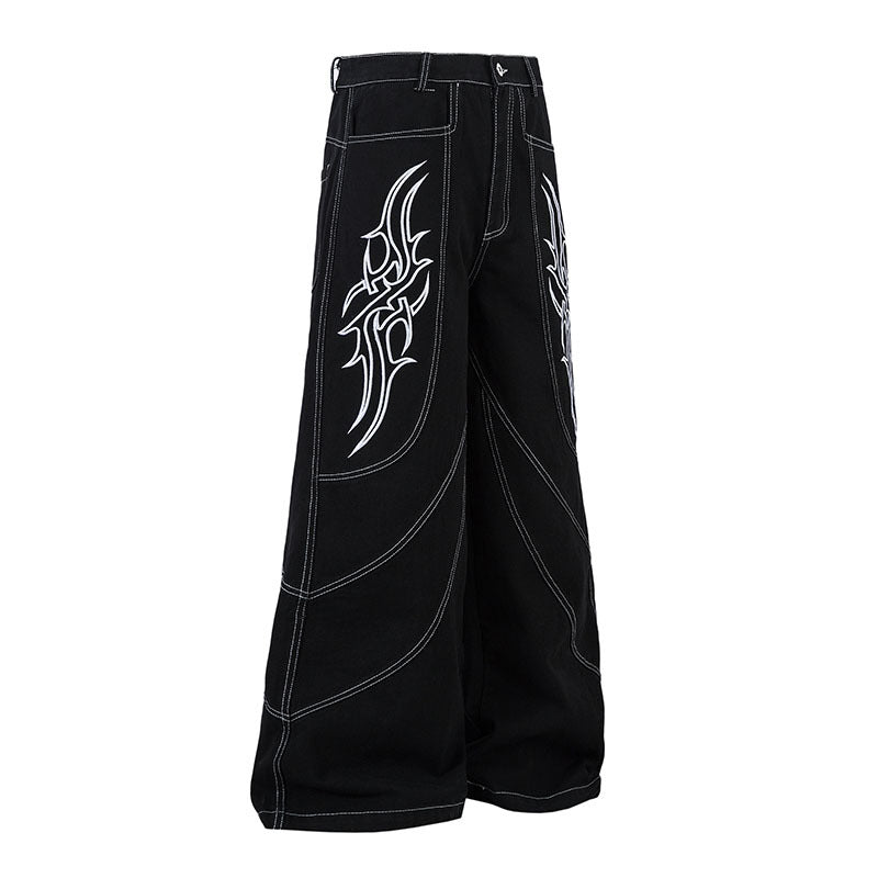 Wide Leg Long Pants with Thorns Embroidery - Unisex Trendy Denim