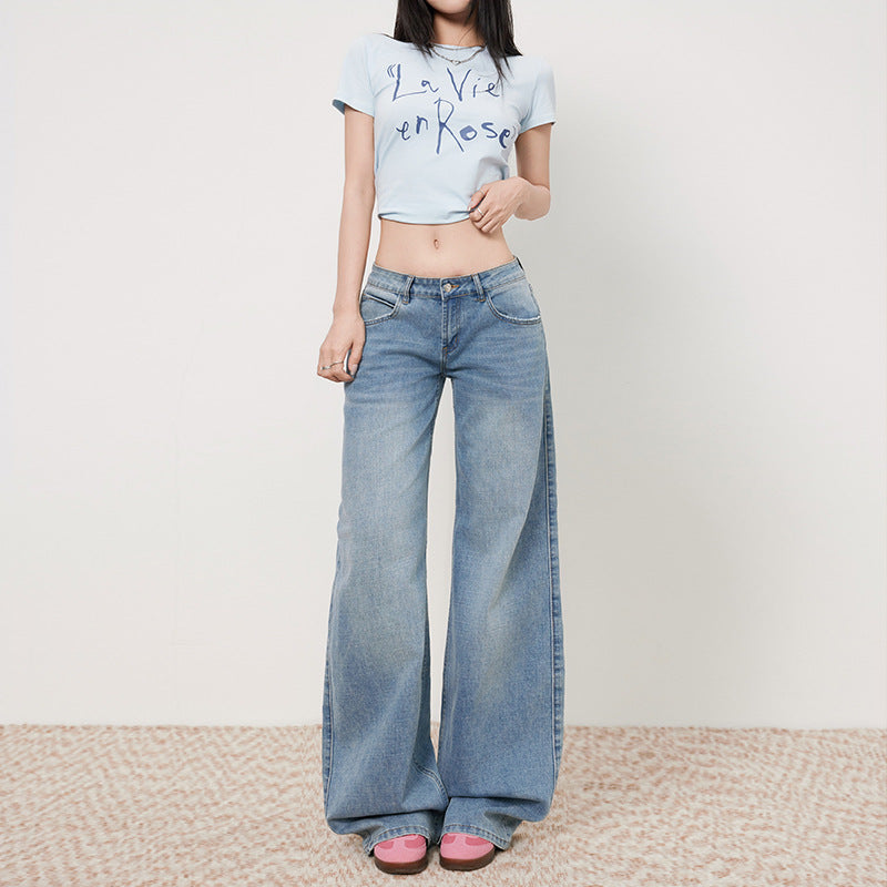 Women's Low-Waist Elastic Pattern Straight Jeans - Summer Light Color Wide-Leg Pants
