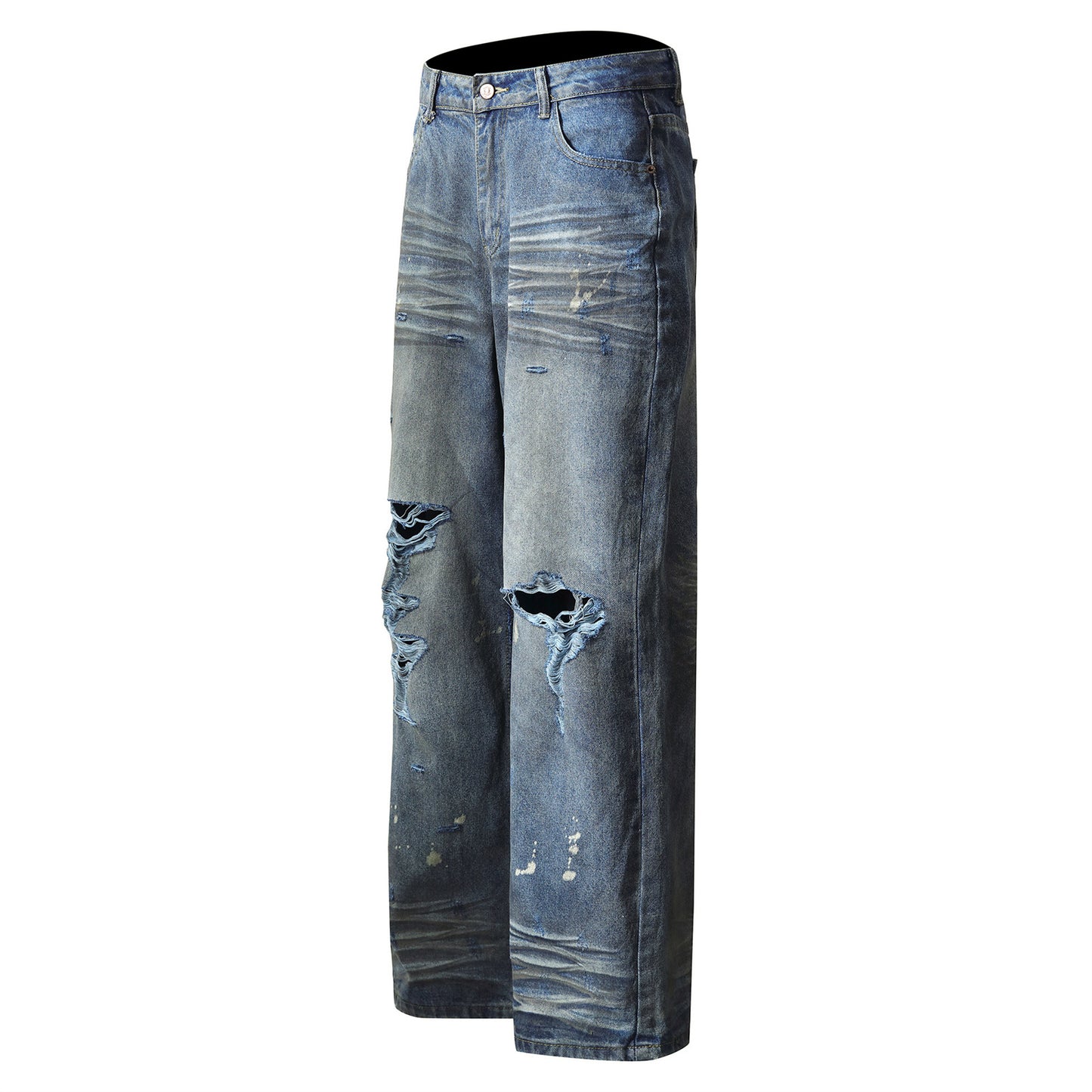 Washed Distressed Splatter Ink Denim Pants - Long Straight Leg Trousers