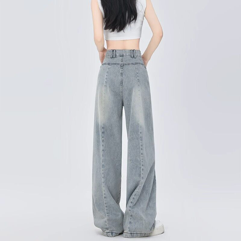 Neutral Trendy Straight Wide-Leg Jeans for Women - Spring Loose Slimming Floor-Length Denim Pants