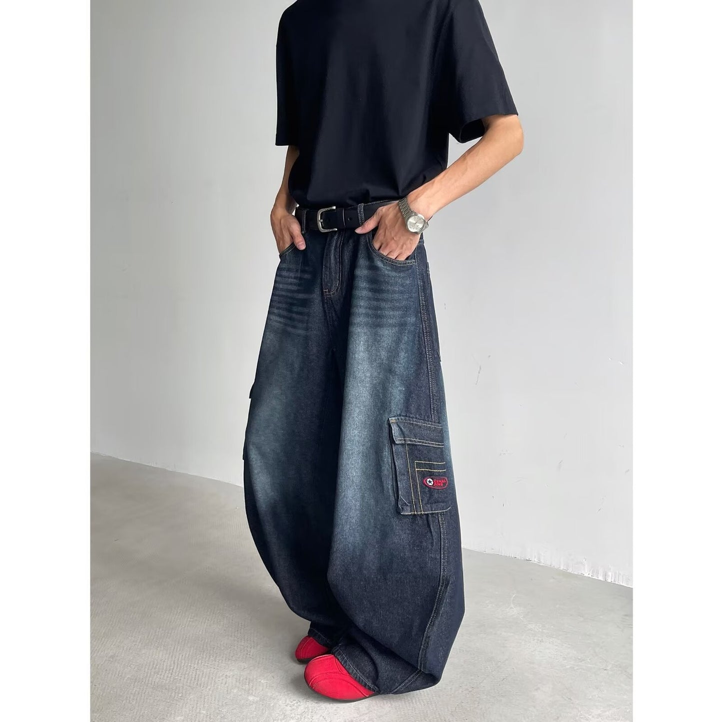 Washed Multi Pocket Workwear Denim Loose Straight Leg Pants