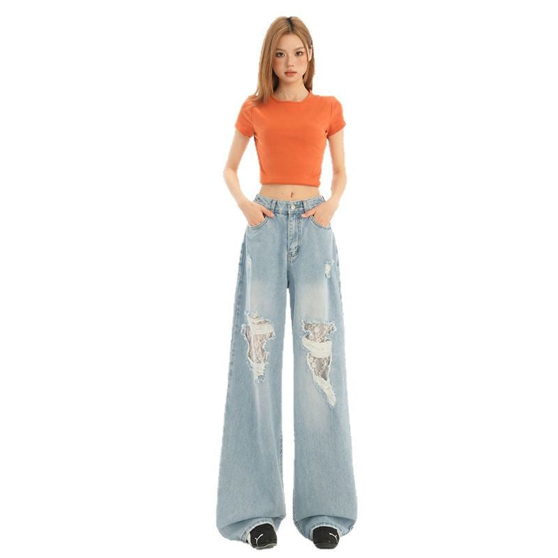 Light Wash Distressed Denim Pants for Women with Lace Splicing - Loose Fit Style, Straight Leg, Wide Leg Trousers