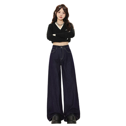 Women's Dark Blue High-Waisted Wide-Leg Jeans
