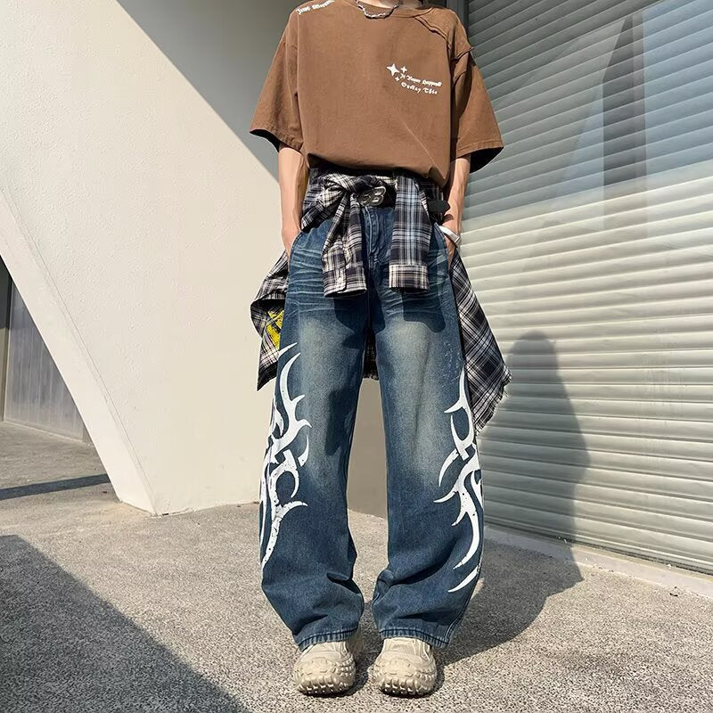 Printed Wide Leg Denim Loose Gradient Straight Leg Floor Pants