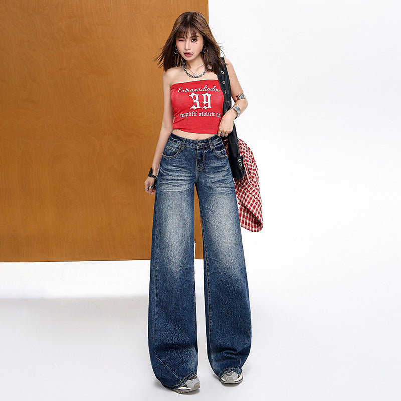 High Street Wrinkled Denim Pants for Women - Loose Drape Wide-Leg Trousers