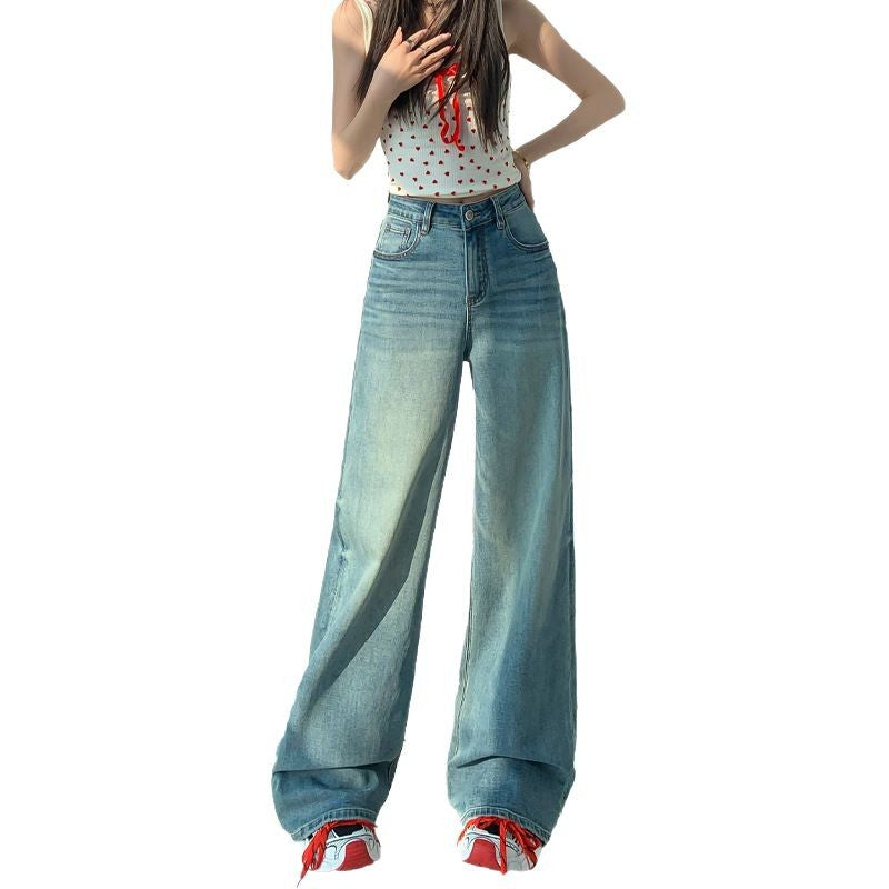 Klein Blue Wide-Leg Jeans for Women – Soft Elastic, Loose Drape, Straight Floor-Length Pants