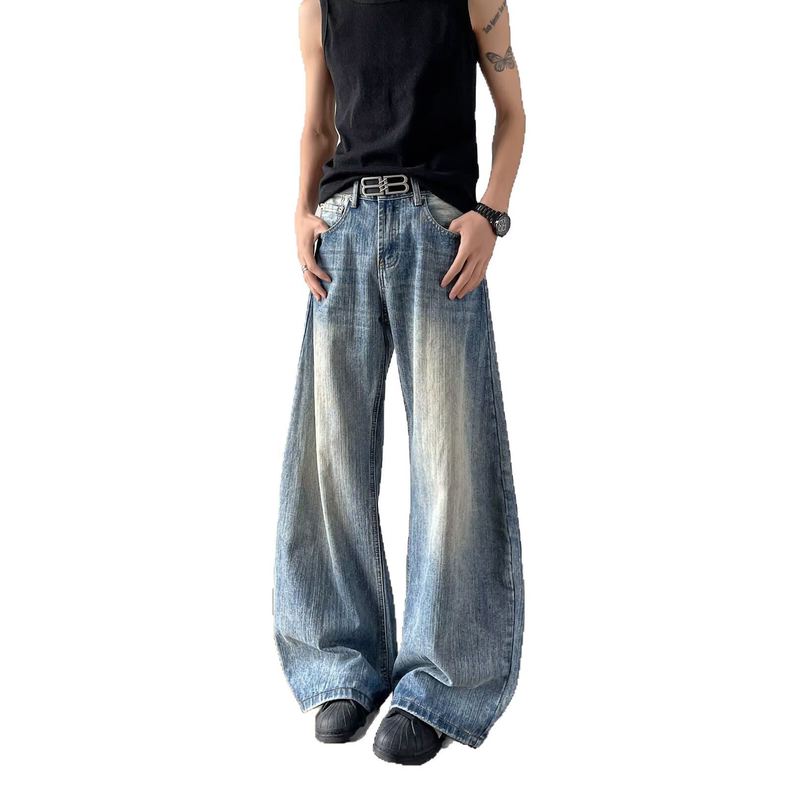 Bamboo Patterned Curved Knife Jeans - Loose Retro Washed Silhouette