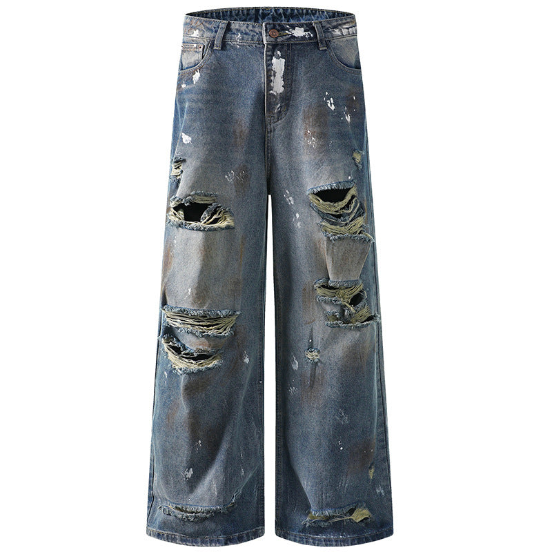 Vintage Washed Denim Pants with Wide Leg and Perforated Design