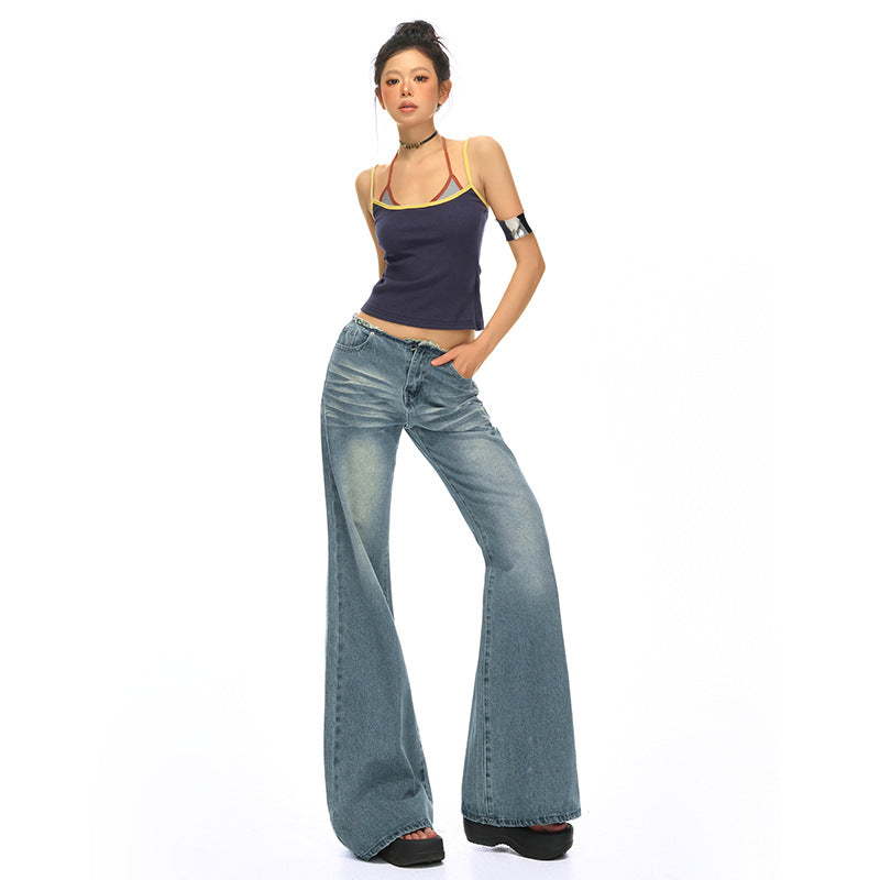 Retro Blue Low-Waist Spicy Girl Denim Pants for Women - Slim Fit Flare Jeans