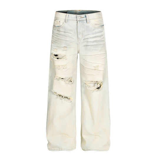 Dirty Dyed Ripped Denim Jeans - Mid Waist, Loose Fit