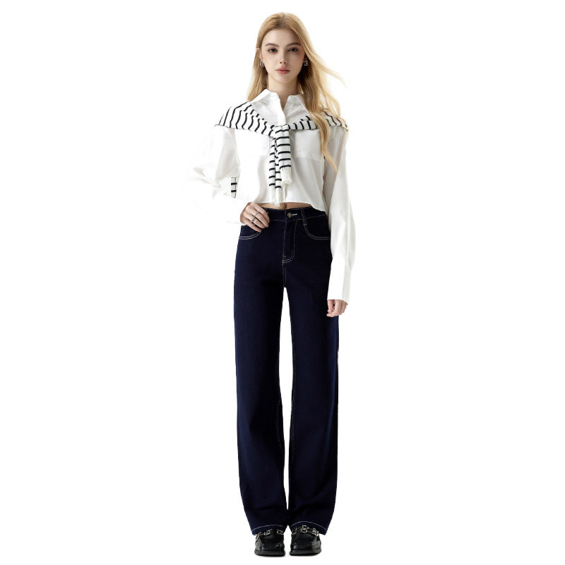 Women's Blue Wide-leg High-waisted Slimming Straight Leg Nine-point Jeans