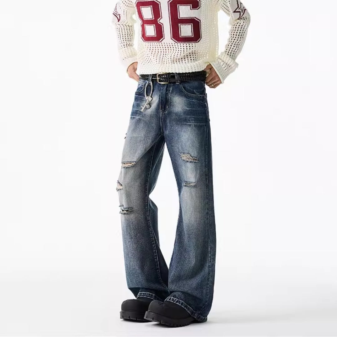Men's Ripped Denim Loose Straight Leg Wide Leg Pants