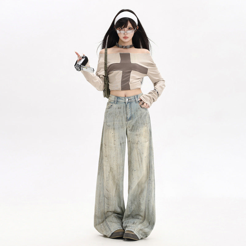 Spicy Girl Splatter Paint Graffiti Denim Pants for Women - Loose Slim High Waist Distressed Wide Leg Trousers