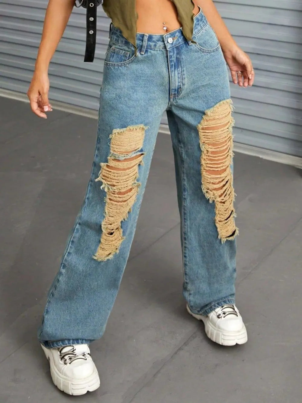 Distressed Wide Leg Jeans with Pockets - Premium Japanese Denim