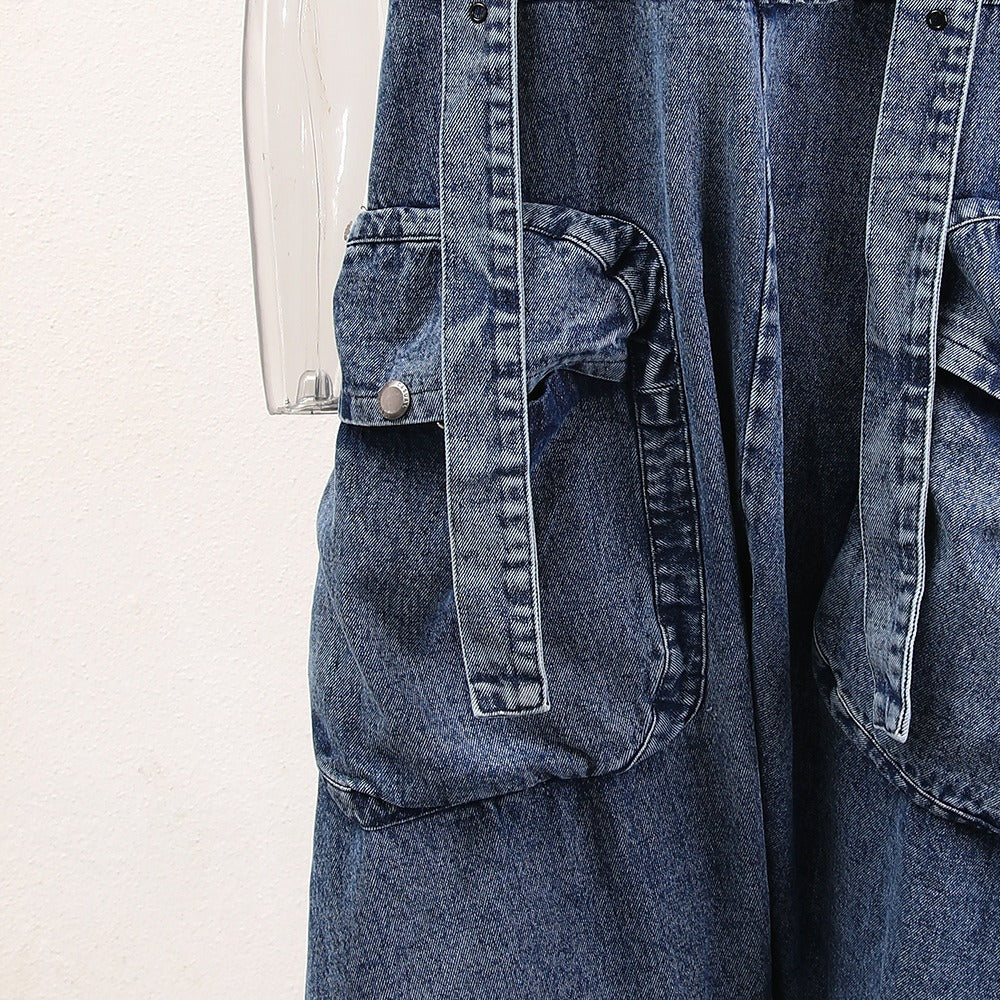 Stylish Women's Denim Overalls with Three-Dimensional Pockets