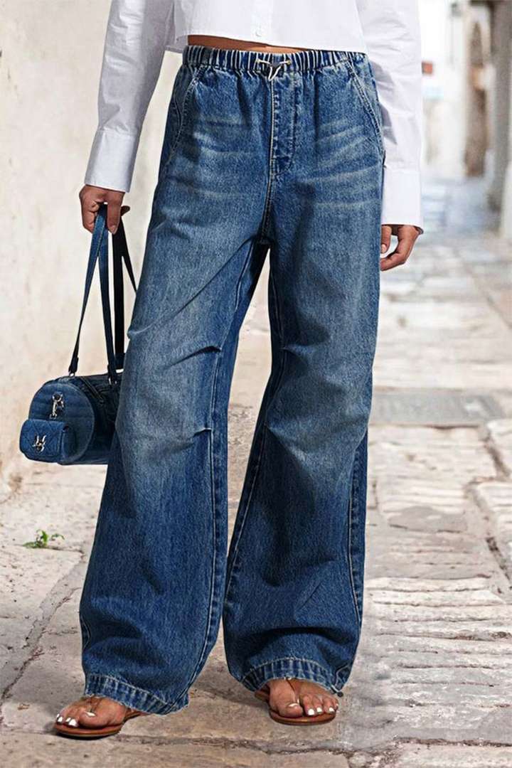 Mid Waist Wide Leg Pleated Loose Jeans - Women's Street Retro Straight Leg Pants
