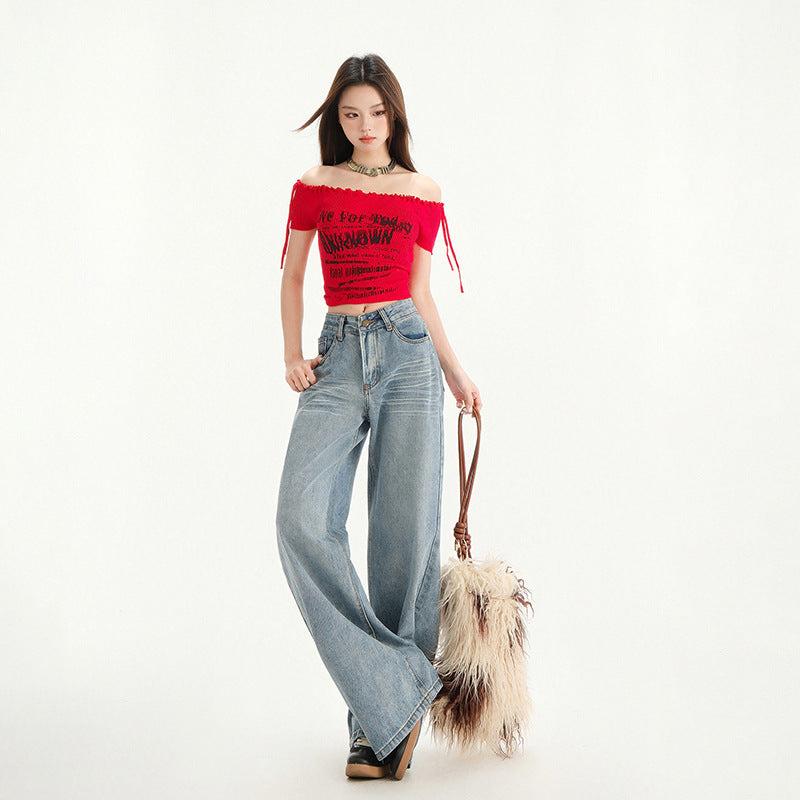 Women's Wide Leg Jeans - Loose Drape Washed Straight Leg Floor Length Pants