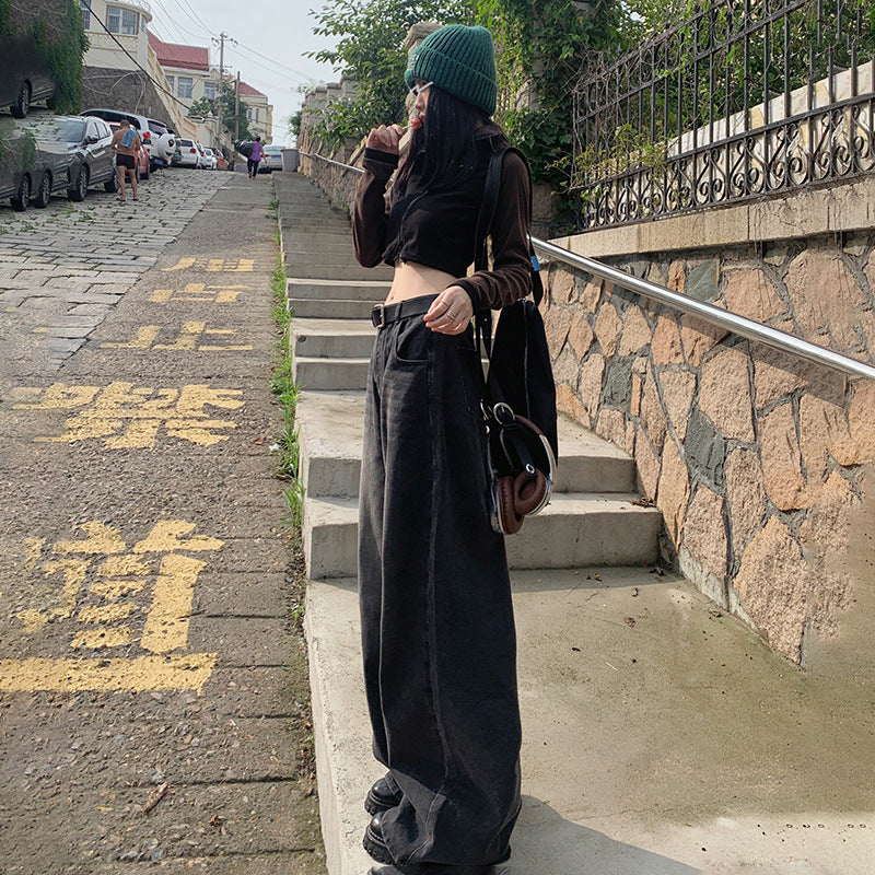 Women's Faded Black and Gray Denim Pants - High-Waisted Loose Wide-Leg Trousers