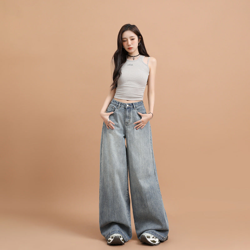 Bamboo Knot Pattern Loose Wide Leg Denim Pants for Women – Retro Straight Trousers
