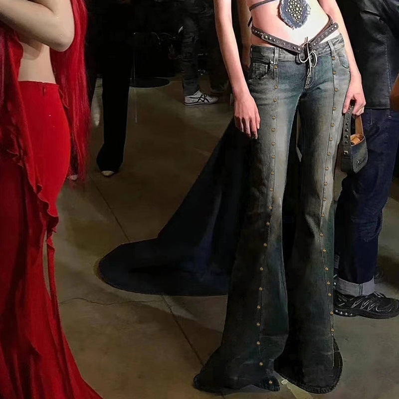 Retro Personality Rivet Micro Flared Slimming Jeans