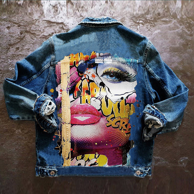 Women's Autumn Hot Selling Tongue Out Print Pattern Lapel Denim Jacket