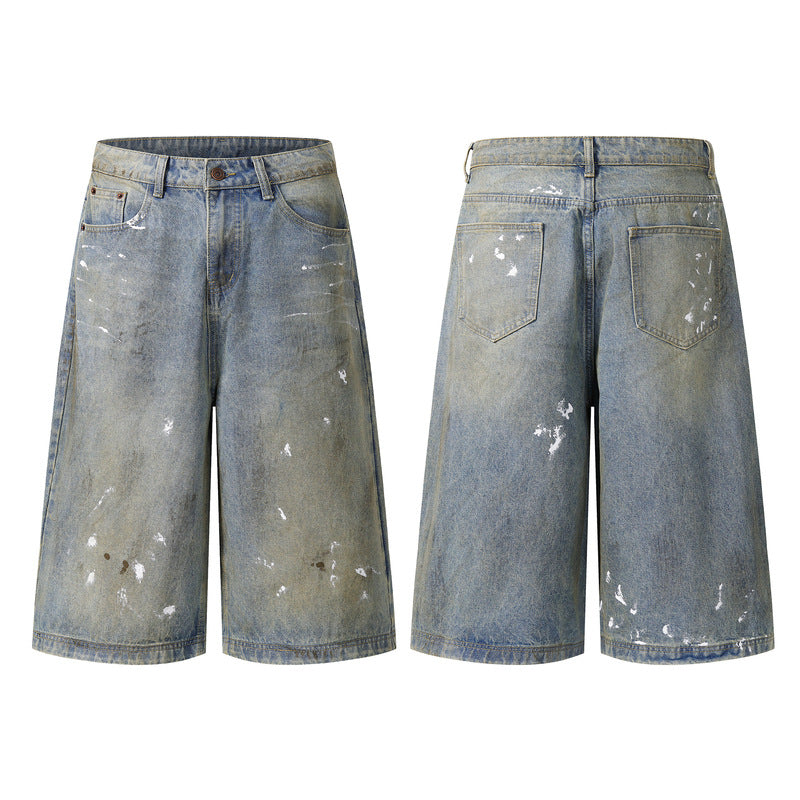 Men's Denim Blue Dirty Fit A-line Wide Leg Loose Seven-eighths Jeans