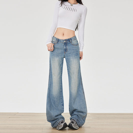 Flared Jeans for Women - Mid-Low Waist Cracked Loose Drape Versatile Pants