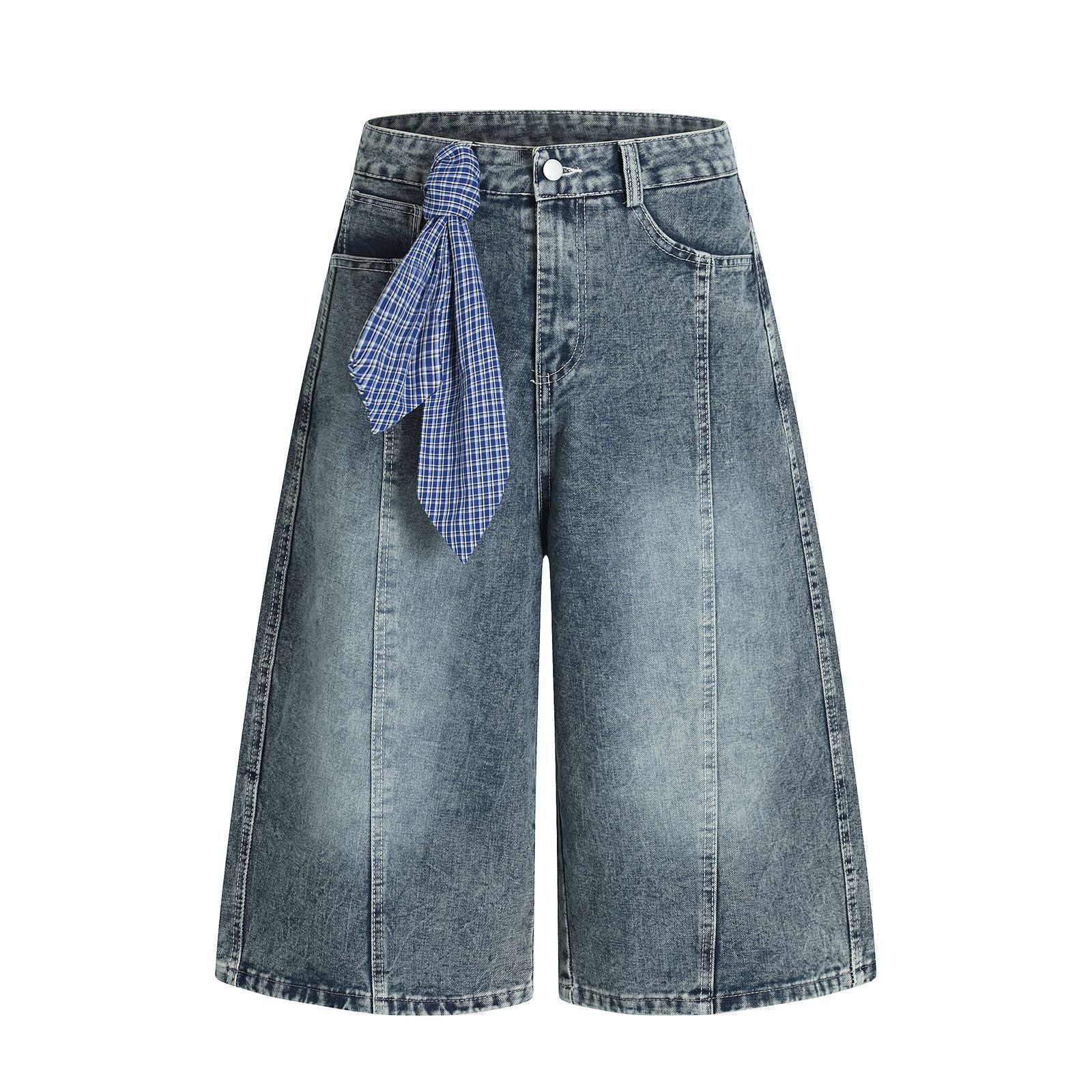 Retro Washed Ribbon Unique Design Seven-Quarter Denim Pants for Men