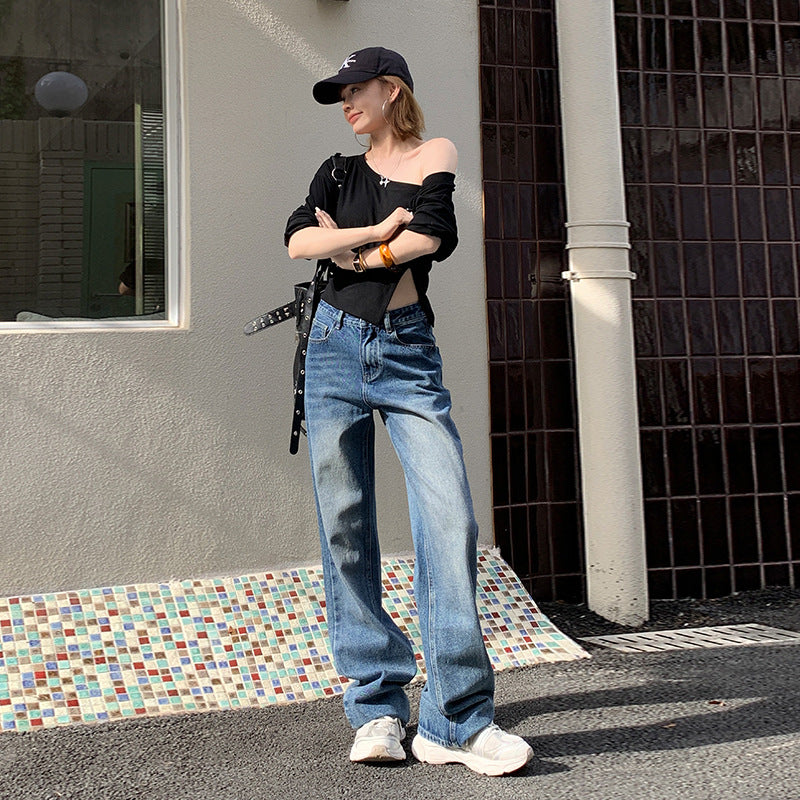 Straight Jeans for Women - Loose Slimming Washed Wide Leg Floor-Length Pants