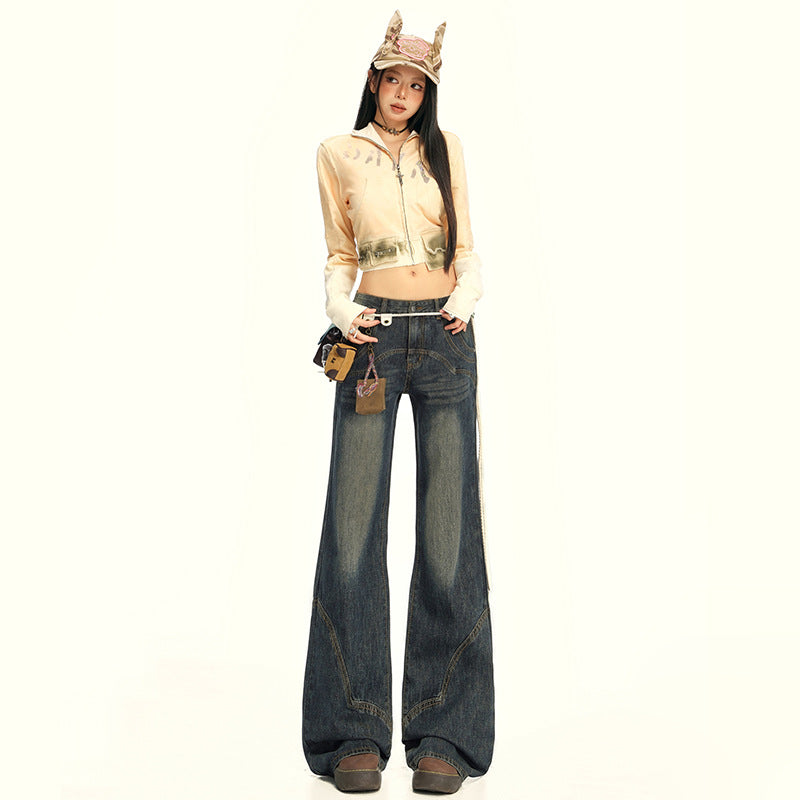 Women's Wide-Leg Jeans with Splicing Retro Design - Loose and Slimming Flare Pants