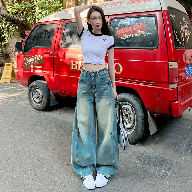 Retro Smocked Loose Flare Denim Pants for Women - Summer Casual Long Trousers
