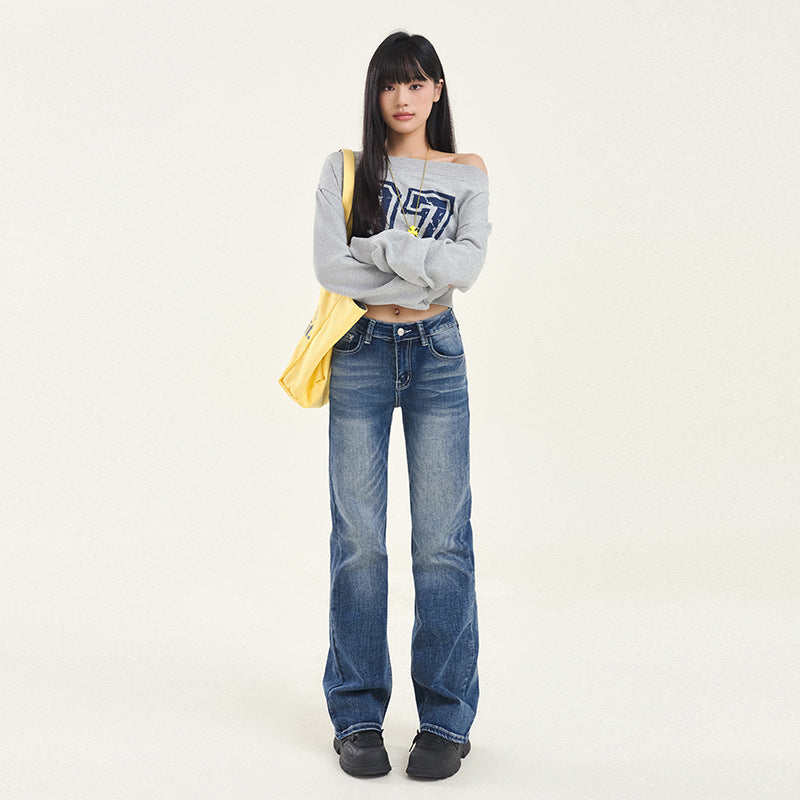 Women's Wide-Leg Denim Trousers with Fringe Craft - Low Waist Slim Floor-Length Pants