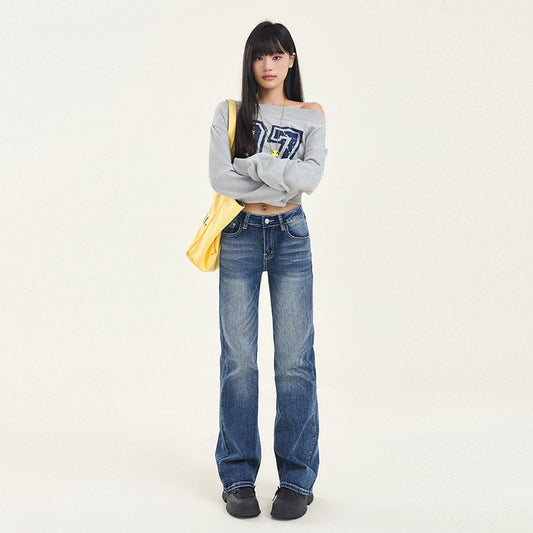 Women's Wide-Leg Denim Trousers with Fringe Craft - Low Waist Slim Floor-Length Pants