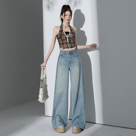 Light Blue Tencel Wide-Leg Jeans for Women - High-Waist Loose Straight Floor-Length Pants