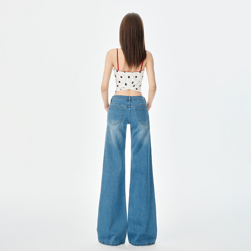 Women's Blue Low-Waist Jeans - Summer Loose Slimming Drape Bell-Bottom Pants
