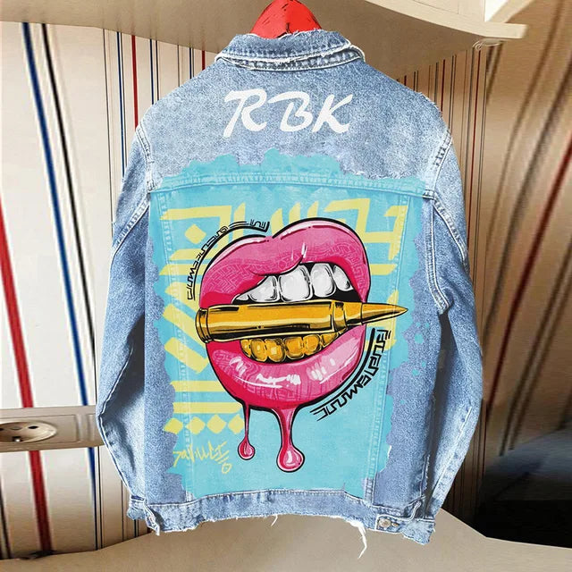 Women's Autumn Hot Selling Tongue Out Print Denim Jacket