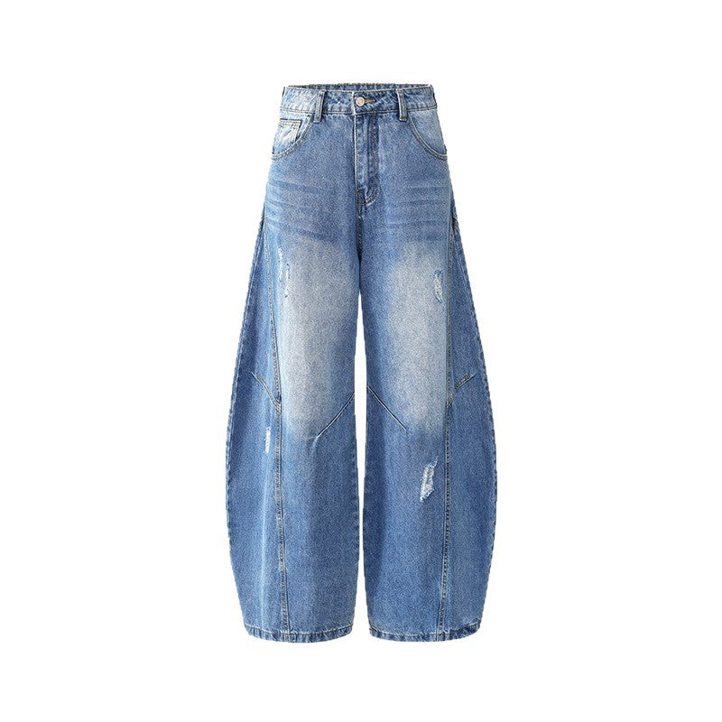 Premium Wide Leg Ripped Banana Straight Leg Denim Pants
